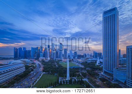 SINGAPORE, SINGAPORE - CIRCA 2016: Singapore Skyline at Sunset