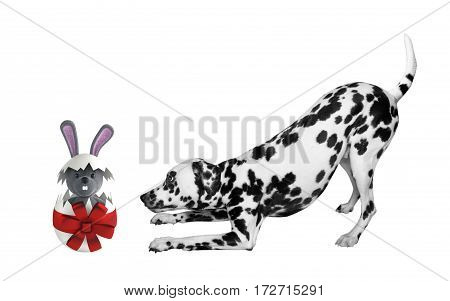 Cute Easter dog with egg rabbit isolated on white background