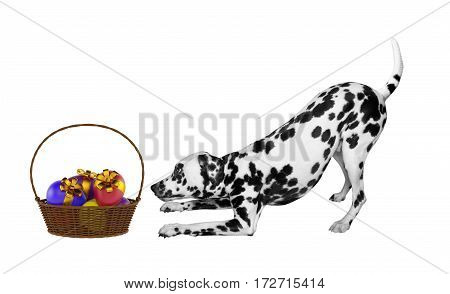 Cute Easter dog with eggs in basket isolated on white background