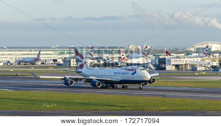 LONDON, UK - CIRCA 2016: British Airways Boeing 747 on Runway at Heathrow Airport