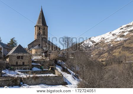 Landscape of a mountain village covered by snow