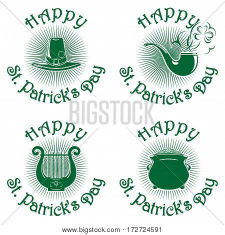 Happy St. Patrick's Day icons set. Greeting inscription. Vector green icons isolated on white background. Leprechaun hat, smoking pipe, pot of gold