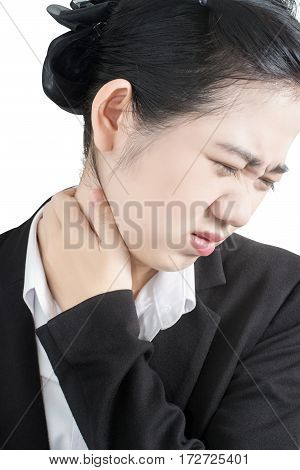 Acute Pain And Sore Throat Symptom In A Businesswoman Isolated On White Background. Clipping Path On