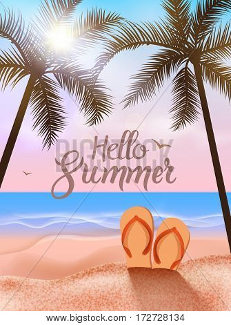 Summer beach travel vocation design. Sun beach with sand and sandals. Summer poster flyer.