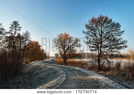 Frozen path along the river. Frosty winter morning.