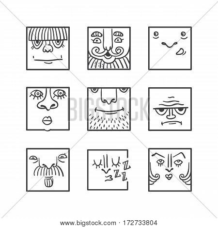 People face cartoon vector icons. Doodle avatars. Big collection of people emotions for social activities. Linear art caricatures. Fun human characters. Different expression set.