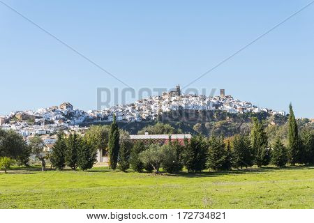 Panoramic of Arcos de la Frontera white town built on a rock along Guadalete river in the province of Cadiz Spain