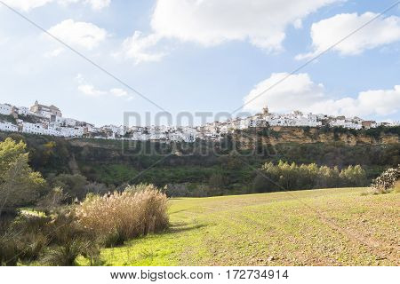 Panoramic of Arcos de la Frontera white town built on a rock along Guadalete river in the province of Cadiz Spain