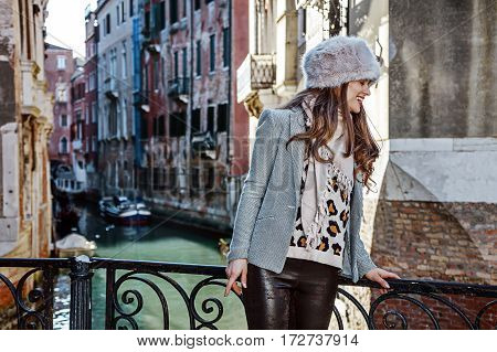 Tourist Woman In Venice, Italy In Winter Having Excursion