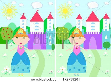 children find 10 differences mystery Princess Castle Vector Illustration