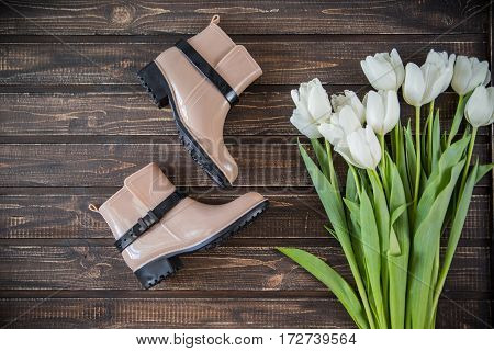 women's accessories, shoes lying on wooden background