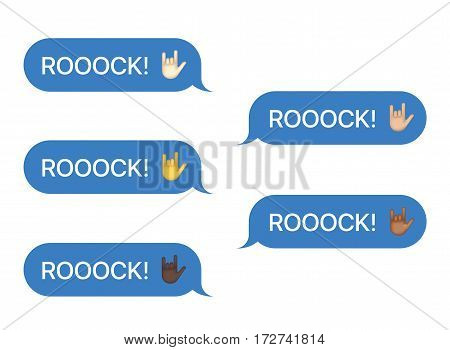 Set of SMS bubbles messages with dialog words and emoji. Vector illustration. Rock word and greeting gesture