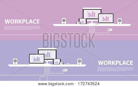 Vector illustration in flat design. Office interior in monotone minimalistic style. Web banner and presentations template.