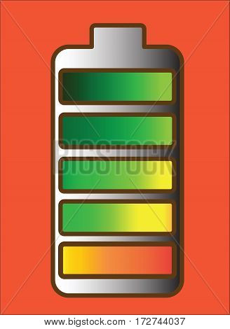 Type AA battery with colorful charge level, gradient, red background, vector
