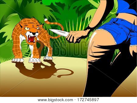 Hunter with a knife in his hand protected by a ferocious leopard