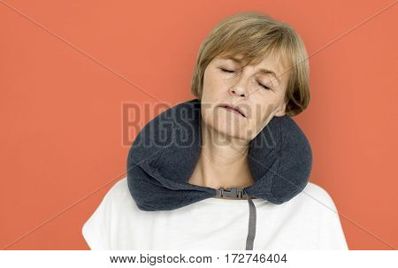 Senior Adult Woman Neck Pilow Comfortable Sleeping Concept