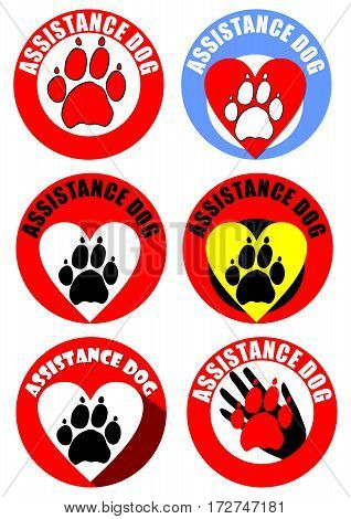 Set of assistant dog emblems and sticker. Motif of dog track heart human hand. Distinctive collection in vivid colors.