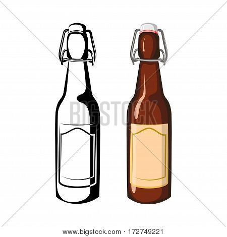 Vector black and white and color illustration half-liter bottles of beer on a white background