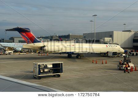 Fort Lauderdale, FL, USA - DEC. 25, 2014: Delta Air Lines McDonnell Douglas MD-80 at Fort Lauderdale - Hollywood International Airport, Fort Lauderdale, Florida, USA.
