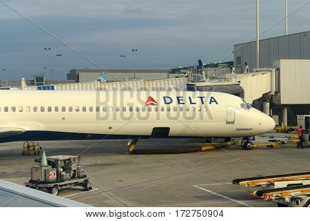 Fort Lauderdale, FL, USA - DEC. 25, 2014: Delta Air Lines McDonnell Douglas MD-80 at Fort Lauderdale - Hollywood International Airport, Fort Lauderdale, Florida, USA.