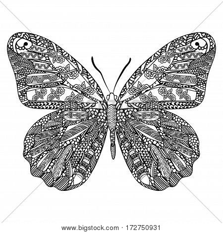 Butterfly with ethnic doodle pattern. Zentangle inspired pattern for anti stress coloring book pages for adults and kids
