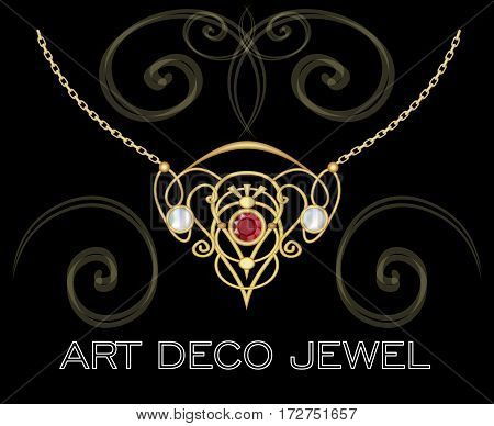 Golden jewel with red gem and pearls. Necklace in art deco style. Filigree circle pendant on fine golden chain.