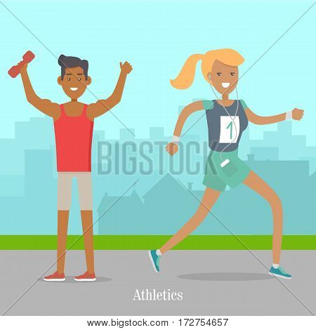 Sport banner athletics. Girl runs in earphones. Athletics sport template. Summer recreational colorful banner. Competitions, achievements. People going in for sport in the park. Vector illustration