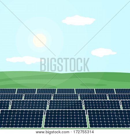 Many solar panels standing in the field produce energy from sun. Vector illustration of green energy production.
