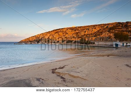 Beach and harbor on Iraklia island in Lesser Cyclades, Greece.