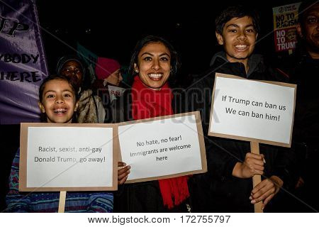 London United Kingdon - Febuary 20th 2017: Protesters gather in Parliment Square to protest the invitation to United States President Donald Trump on a state visit to Great Britain as Parliment debate the visit