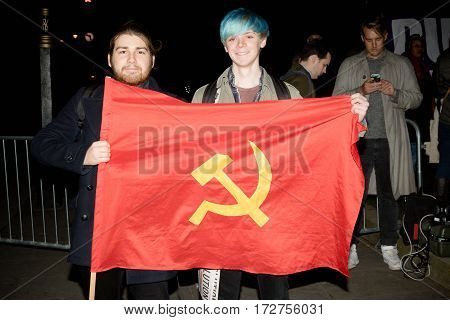 London United Kingdon - Febuary 20th 2017: Protesters gather in Parliment Square to protest the invitation to United States President Donald Trump on a state visit to Great Britain as Parliment debate the visit