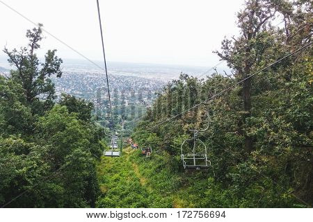 Cable car in Budapest going down with panoramic view.