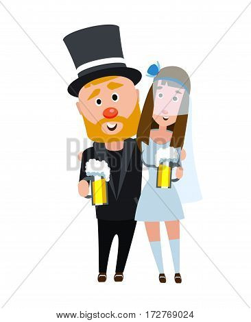 The bride and groom in an embrace. Happy romantic couple having a beer. Young people on a white background. The girl in a wedding dress and a man in a hat and suit. Happy bearded man with a dark haired girl.