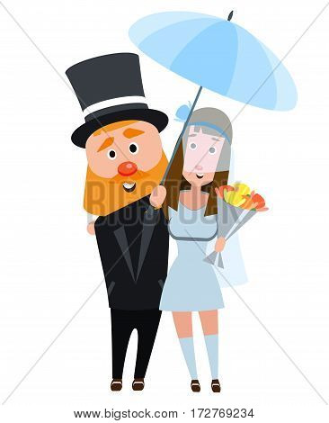 The bride and groom in an embrace. Happy romantic couple. Young people on a white background. The girl in a wedding dress and a man in a suit and an umbrella. Happy bearded man with a dark haired girl.