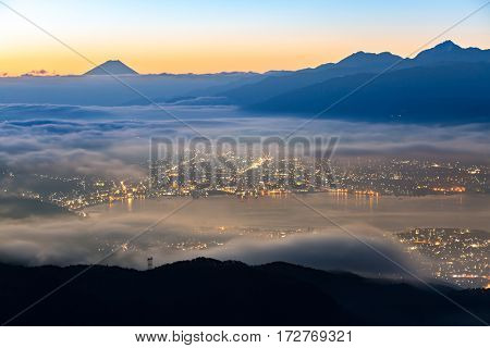 aerial Mount Fuji with Suwako Lake sunrise Takabochi