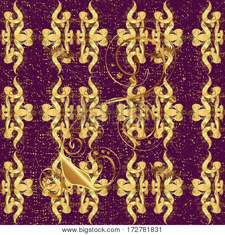 Golden Textured Curls. Oriental Style Arabesques. Vector Golden Pattern. Purple Background With Gold