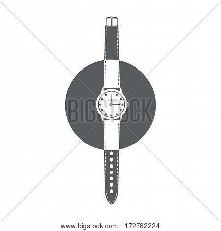 Wrist watch with strap and hands. Black and white time icon. Vector illustration.