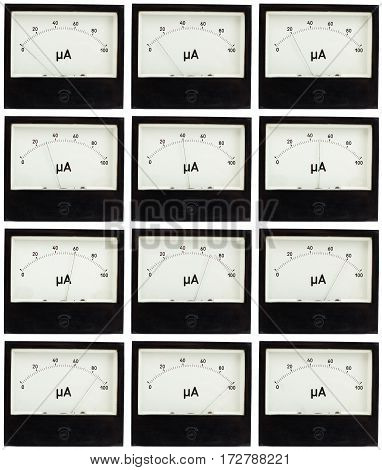 Black square analog ampermeters isolated on white background with different readings on scale.