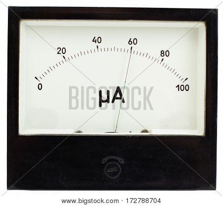 Black square analog ampermeter isolated on white background with 60 uA reading on scale.