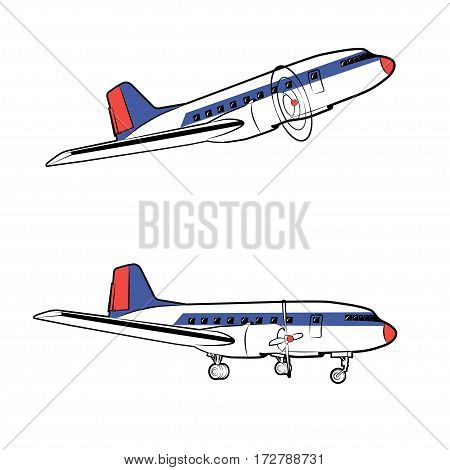 Vector illustration passenger propeller aircraft in the static state and in flight on a white background