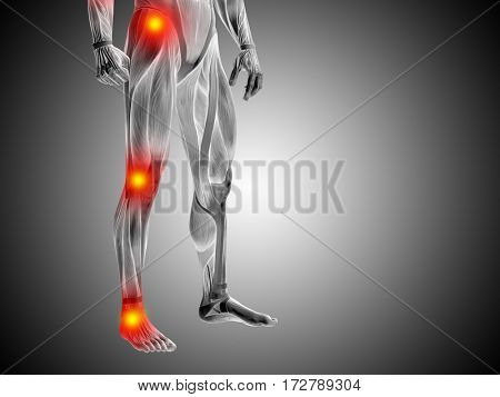 Conceptual 3D illustration of human man anatomy lower body or health design, joint or articular pain, ache or injury on gray gradient background