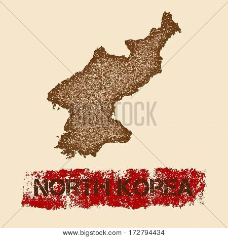 North Korea Distressed Map. Grunge Patriotic Poster With Textured Country Ink Stamp And Roller Paint