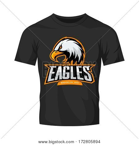 Furious eagle sport vector logo concept isolated on black t-shirt mockup. Modern web infographic New York Brooklyn team pictogram.
Premium quality wild bird t-shirt tee print illustration.