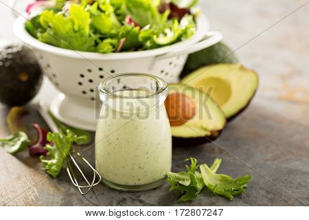 Avocado ranch dressing in small jar with salad leaves in a collander
