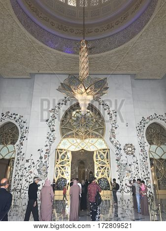 ABU DHABI, UAE-FEB 11, 2017: Sheikh Zayed Grand Mosque in Abu Dhabi, United Arab Emirates. It is the key place of worship and may be visited by more than 40,000 people during Eid.