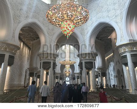 ABU DHABI, UAE-FEB 11, 2017: Sheikh Zayed Grand Mosque in Abu Dhabi, United Arab Emirates. It is the key place of worship and may be visited by more than 40,000 people during Eid.