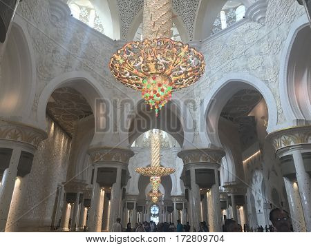 ABU DHABI, UAE-FEB 11, 2017: Sheikh Zayed Grand Mosque in Abu Dhabi, United Arab Emirates. It is the key place of worship and may be visited by more than 40,000 people during Eid.