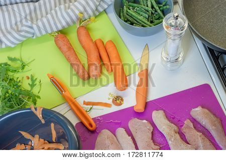 cooking at home kitchen chicken carrot and frying pan