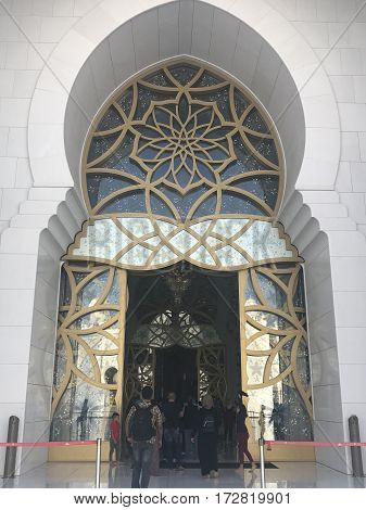 ABU DHABI, UAE-FEB 11, 2017: Sheikh Zayed Grand Mosque in Abu Dhabi, United Arab Emirates. It is the key place of worship in the UAE and may be visited by more than 40,000 people during Eid.