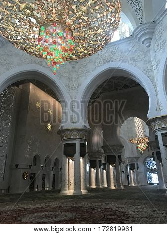 ABU DHABI, UAE-FEB 11, 2017: Sheikh Zayed Grand Mosque in Abu Dhabi, United Arab Emirates. It is the key place of worship in the UAE and may be visited by more than 40,000 people during Eid.